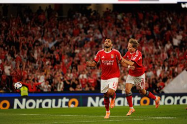 Vangelis Pavlidis and Andreas Schjelderup seen celebrating after scoring goal during Liga Portugal game between SL Benfica and Gil Vicente FC (Ball Raw Images/ Maciej Rogowski)