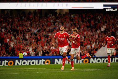 Vangelis Pavlidis and Andreas Schjelderup seen celebrating after scoring goal during Liga Portugal game between SL Benfica and Gil Vicente FC (Ball Raw Images/ Maciej Rogowski)