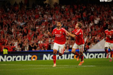 Vangelis Pavlidis and Andreas Schjelderup seen celebrating after scoring goal during Liga Portugal game between SL Benfica and Gil Vicente FC (Ball Raw Images/ Maciej Rogowski)