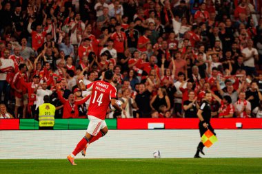 Vangelis Pavlidis seen celebrating after scoring goal during Liga Portugal game between SL Benfica and Gil Vicente FC (Ball Raw Images/ Maciej Rogowski)
