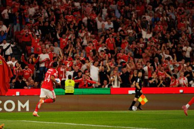 Vangelis Pavlidis seen celebrating after scoring goal during Liga Portugal game between SL Benfica and Gil Vicente FC (Ball Raw Images/ Maciej Rogowski)