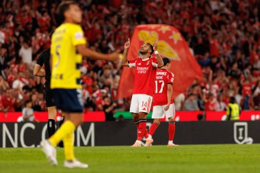 Vangelis Pavlidis seen celebrating after scoring goal during Liga Portugal game between SL Benfica and Gil Vicente FC (Ball Raw Images/ Maciej Rogowski)