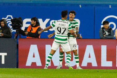 Maximiliano Araujo and Luis Suarez seen during Liga Portugal game between teams of GD Estoril Praia and Sporting CP at Estadio Antonio Coimbra da Mota (Maciej Rogowski/Ball Raw Images)