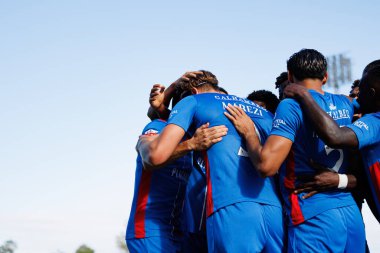 Players of Alverca  seen celebrating after goal from Marko Milovanovic Marezi during Liga Portugal game between teams of FC Alverca and  Vitoria SC (Maciej Rogowski/Ball Raw Images)