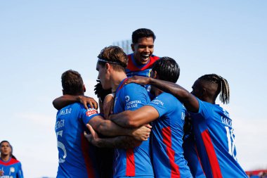 Players of Alverca  seen celebrating after goal from Marko Milovanovic Marezi during Liga Portugal game between teams of FC Alverca and  Vitoria SC (Maciej Rogowski/Ball Raw Images)