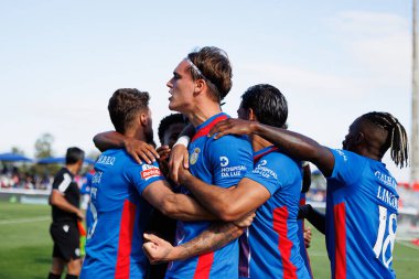 Players of Alverca  seen celebrating after goal from Marko Milovanovic Marezi during Liga Portugal game between teams of FC Alverca and  Vitoria SC (Maciej Rogowski/Ball Raw Images)