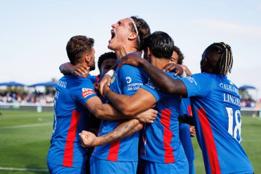 Players of Alverca  seen celebrating after goal from Marko Milovanovic Marezi during Liga Portugal game between teams of FC Alverca and  Vitoria SC (Maciej Rogowski/Ball Raw Images)