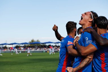 Players of Alverca  seen celebrating after goal from Marko Milovanovic Marezi during Liga Portugal game between teams of FC Alverca and  Vitoria SC (Maciej Rogowski/Ball Raw Images)