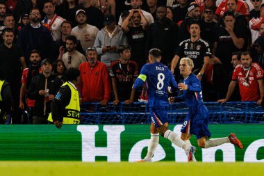 Enzo Fernandez and Alejandro Garnacho seen celebrating after scoring goal during Champions League league phase game between Chelsea FC and  SL Benfica (Maciej Rogowski/ Ball Raw Images)