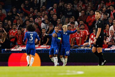 Enzo Fernandez and Alejandro Garnacho seen celebrating after scoring goal during Champions League league phase game between Chelsea FC and  SL Benfica (Maciej Rogowski/ Ball Raw Images)