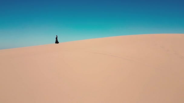 Вид Беспилотника Молодую Женщину Традиционной Черной Абайе Идущую Массивным Песчаным — стоковое видео