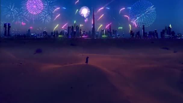 Aerial Fireworks Laser Show Sky Dubai City View Desert Woman — Stock Video