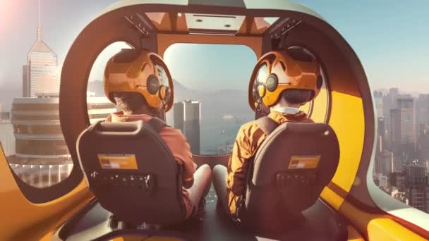 Два Пассажира Беспилотных Такси Летят Над Центром Большого Города Восходе — стоковое видео