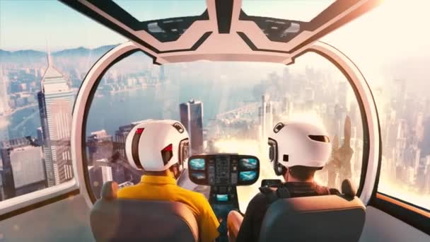 Два Пасажири Дронах Таксі Автопілоті Летять Над Центром Міста Світанку — стокове відео