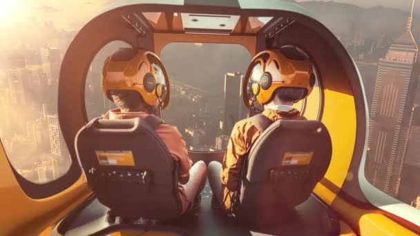 Dois Passageiros Drones Táxi Piloto Automático Voando Acima Grande Centro — Vídeo de Stock