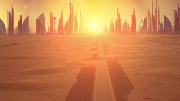 Aerial Drone View Tourists Looks Sunset Futuristic City Silhouette Desert — Stock Video