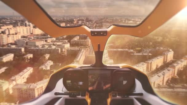 Autopilot Taxi Drohne Die Bei Sonnenaufgang Über Dem Stadtzentrum Fliegt — Stockvideo