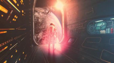 Astronotun arkası panoramik pencereden gezegene bakıyor. Yüksek kalite 4k görüntü