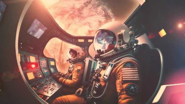 Zbliżenie Kinematograficzny Widok Dwóch Astronautów Wewnątrz Kapsuły Kosmicznej Lądujących Kosmosu — Wideo stockowe