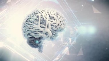 Yapay zeka beyin animasyonu. Gelecekçi insan beyni arayüzü kavramı. Robot sistem. Gelecekteki insanların entelektüel programları. Yapay zeka dijital arka plan. Hareket tasarımı 4K. Yüksek kalite 4k