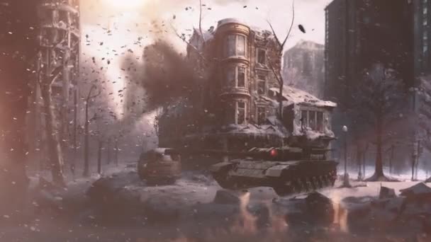 近代的な軍用戦車は冬の間に破壊された都市で標的に発砲した 火と煙が至る所に 戦争の概念やゲームトレーラー 高品質4K映像 — ストック動画