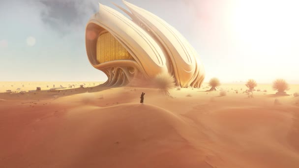 Visualisierung Futuristischer Bauten Der Wüste Luftaufnahme Einer Arabischen Frau Schwarzem — Stockvideo