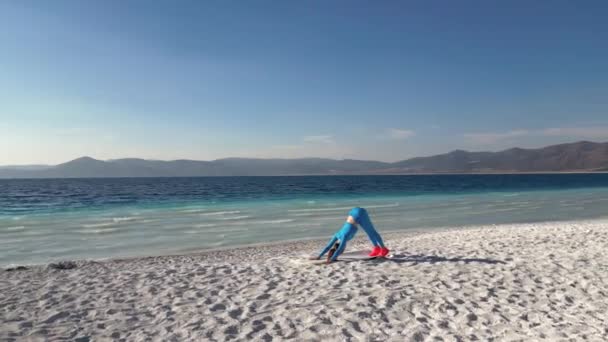 Woman Shown Practicing Yoga Beach Breathtaking View Sea Ocean Woman — Vídeo de Stock