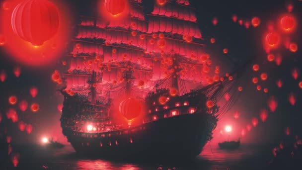 夜空に輝く赤い中国の提灯の絵のような光景が描かれ 暖かく魅力的な雰囲気を醸し出しています 提灯は水面の上に高く吊り下げられ 暗い海を照らす — ストック動画