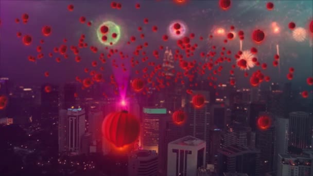 Videon Föreställer Stadsskyline Med Många Röda Kinesiska Lyktor Som Släpps — Stockvideo