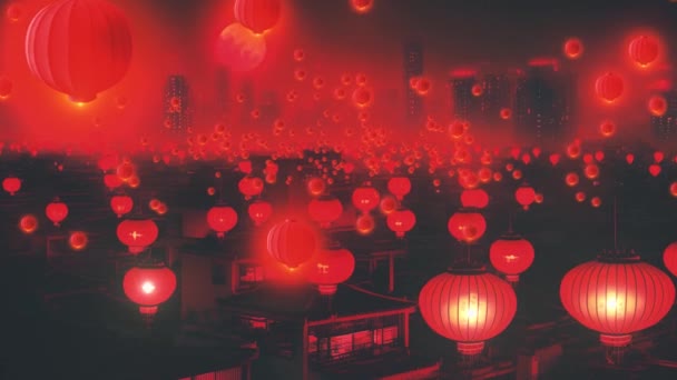 中国の都市の活気あるエネルギーを夜に体験してください この素晴らしいビデオでは 赤い中国のランタンを紹介します 提灯の暖かい輝きは 魔法をキャストし 賑やかな通りを照らします — ストック動画