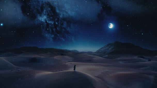 Этом Видео Видим Прекрасный Пустынный Пейзаж Ночью Небо Заполнено Звездами — стоковое видео