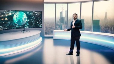 In this video, we see a news anchor in a modern TV studio. The studio is well-lit, and behind the anchor is a panoramic window that offers a view of the bustling cityscape. The anchor is dressed