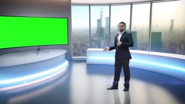 In this video, we see a news anchor in a modern TV studio. The studio is well-lit, and behind the anchor is a panoramic window that offers a view of the bustling cityscape. The anchor is dressed