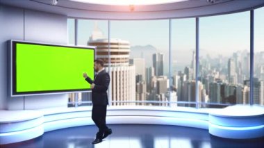 In this video, we see a news anchor in a modern TV studio. The studio is well-lit, and behind the anchor is a panoramic window that offers a view of the bustling cityscape. The anchor is dressed
