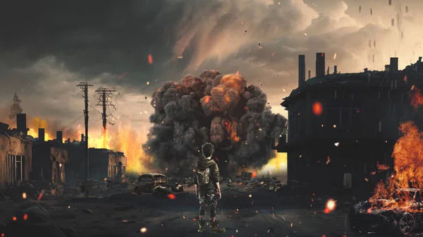 Savaşın yıkıcı gerçekliği bu güçlü fotoğrafta canlanıyor. Arkadan baktığımızda, bir zamanlar gelişen bir şehrin kalıntıları arasında yürüyen ve şimdi harabelere indirgenmiş genç bir çocuk görüyoruz. Hayaletler