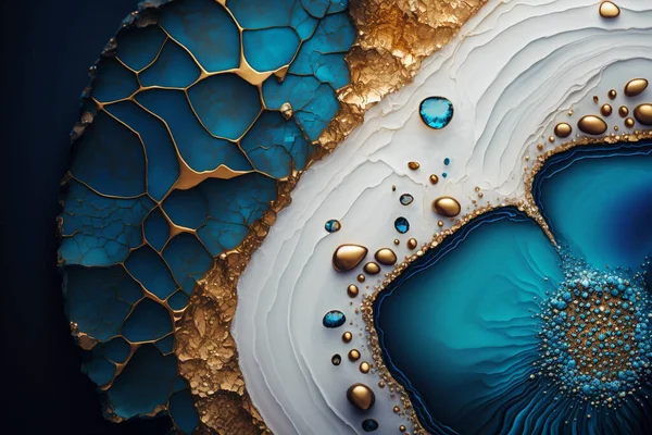 Bu çarpıcı fotoğrafta soyut sanatın güzelliğini deneyimleyin. Beyaz, mavi ve altının mükemmel kombinasyonu göz alıcı bir zemin yaratır ve onu esir tutar. Mavi.