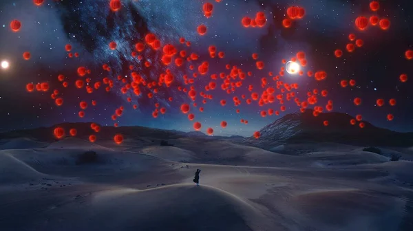 Experience Awe Inspiring Sight Thousands Red Chinese Lanterns Illuminating Desert 图库照片