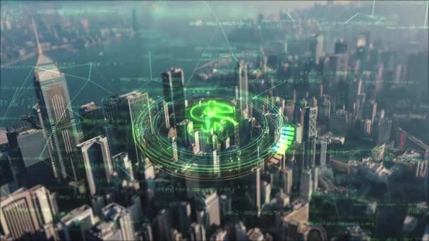 Featuring Green Digital Dollar Symbol Cityscape Background Video Sets Stage — Stockvideo