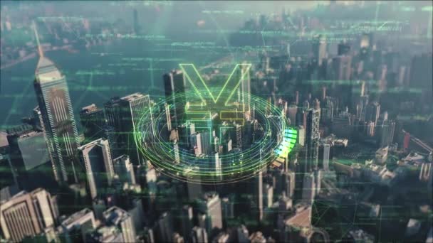 Film Ten Przedstawiający Panoramę Miasta Lotniczego Cyfrowymi Symbolami Walut Przygotowuje — Wideo stockowe
