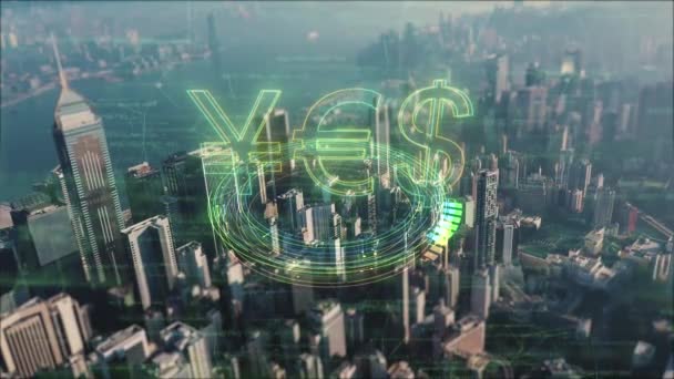 Благодаря Воздушному Ландшафту Города Усеянному Цифровыми Валютными Символами Видео Подготовит — стоковое видео