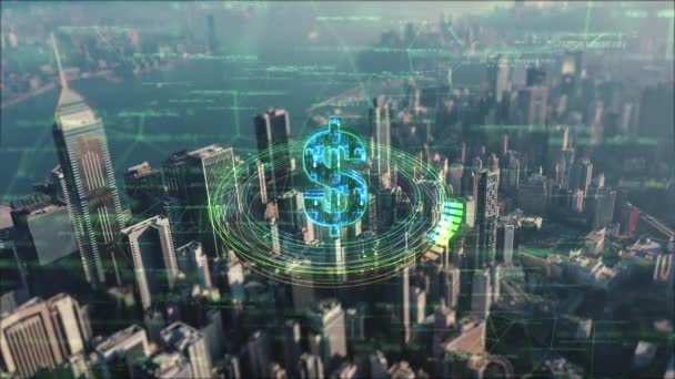 Featuring Green Digital Dollar Symbol Cityscape Background Video Sets Stage — Stock video