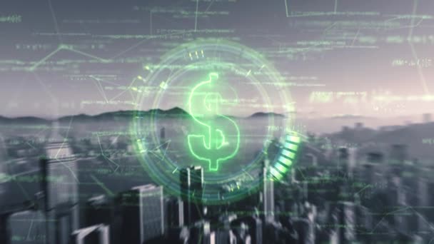 Featuring Green Digital Dollar Symbol Cityscape Background Video Sets Stage — Stock video