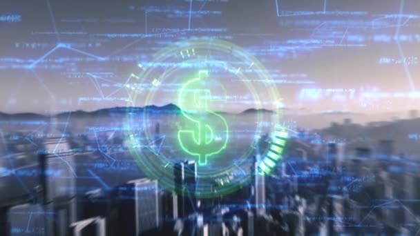 Ένα Πράσινο Ψηφιακό Σύμβολο Δολαρίου Φόντο Αστικού Τοπίου Βίντεο Θέτει — Αρχείο Βίντεο