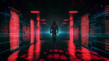 Featuring a man in a sleek black hooded suit, walking down the hallway of a futuristic server room, this video brings the concept of cybercrime to life. The green colored walls are adorned with