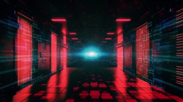 Video Features Red Server Room Digital Code Projections Walls Camera — Stockvideo