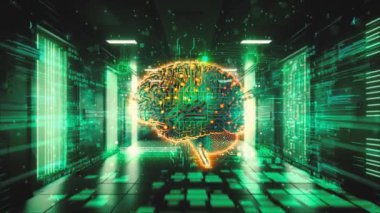 The video begins with a slow pan over a long green corridor, filled with an intricate network of digital code symbols projected on the walls. The camera then zooms in on the center of the corridor