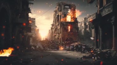 The video showcases a desolate and ruined cityscape with buildings in disrepair and rubble strewn about. In the center of the scene is a military tank, a grim reminder of the war that devastated the