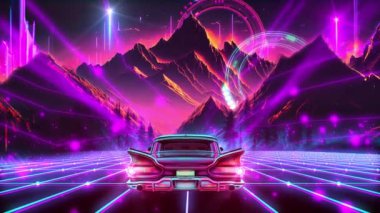 In this 80s concept game video, we see a retro 2D car driving on a digital road that is illuminated with neon colors in a glowing, vibrant style. The scene is set against a background of majestic