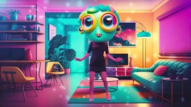 As the video starts, we see a funny female dancer with a big crazy head dressed in a neon outfit dancing energetically inside a retro-style apartment. The apartment is filled with neon lights, posters