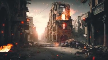 Camera moving along the ruined city. The concept of the end of the war. Ruined city in conflict. 3d animation. High quality 4k footage